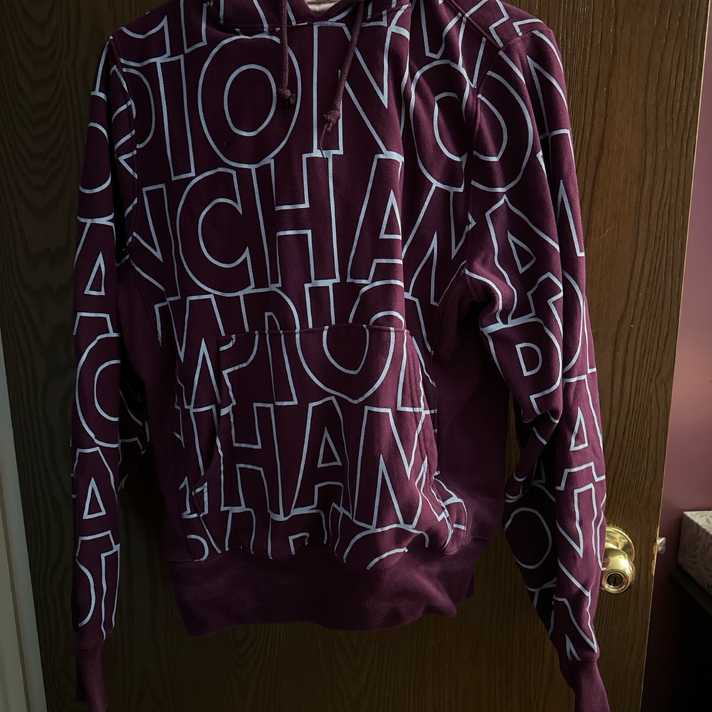 Purple Champion Hoodie with Blue Lettering